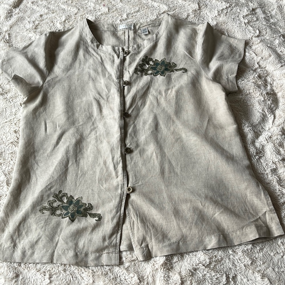 Erika Taylor Beige Two Flowers Print Back Tie Button Down Linen Blend Top Size L